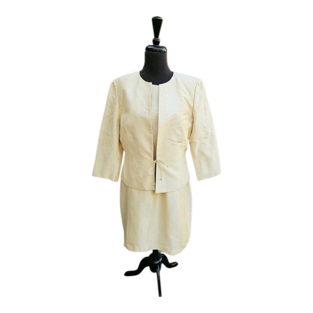 Ladies Laura Ashley Cream Yellow Silk Dress & Jacket Occasion Suit 14/16 READ